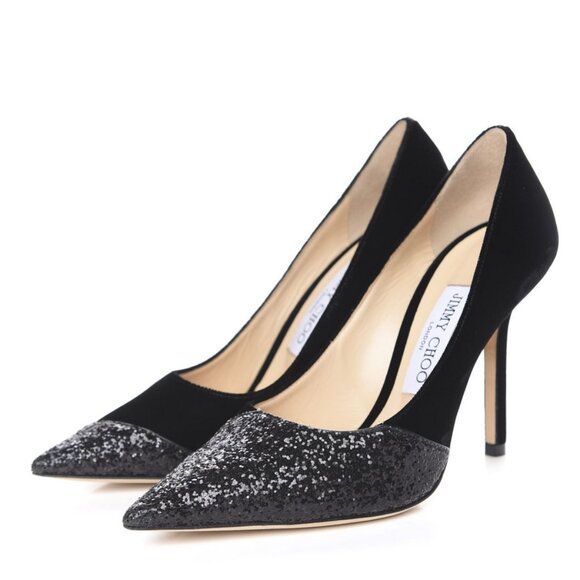 Jimmy Choo Love 100 Velvet Asymmetrical Glitter Toe Pumps Black‎ Size US 10 - Picture 1 of 8